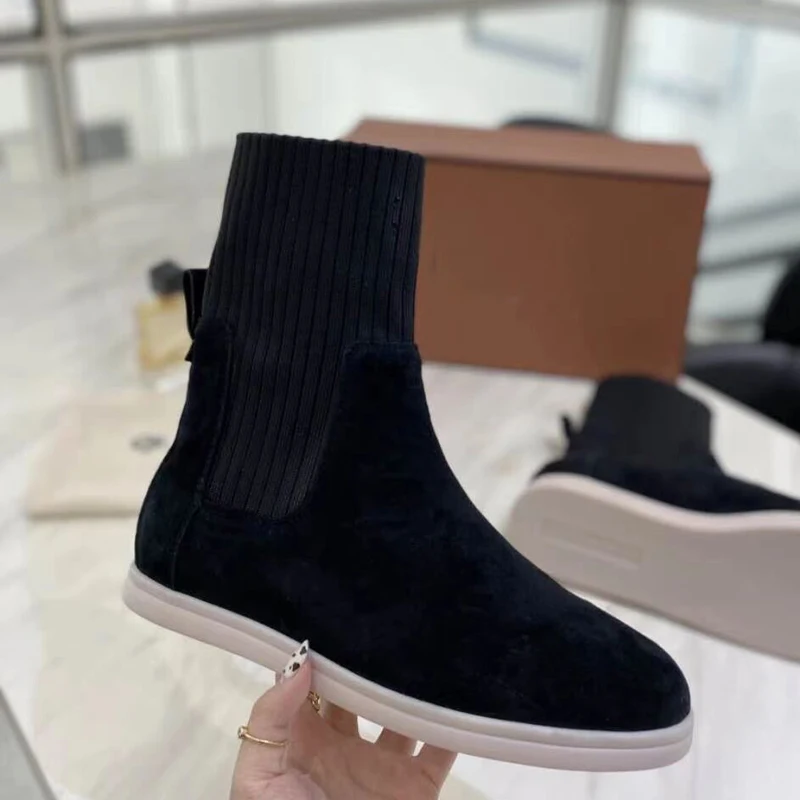 New High top Brand Ankle boots for Woman Suede Leather Elastic Knitted Slip-on Casual Short Boots Runway flat Shoes Woman