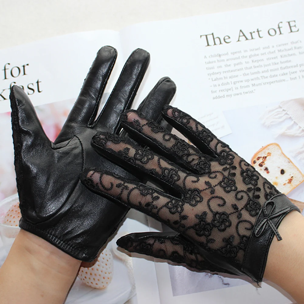 Ladies Genuine Leather Touch Screen Gloves Fashion Black Lace Without Lining High Quality Sheepskin Spring And Autumn Gloves