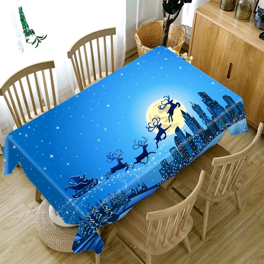 Thicken Cotton Christmas Tablecloth 3D Santa Claus and Elk Sled Pattern Rectangular/Round Table Cloth for Wedding Picnic Party