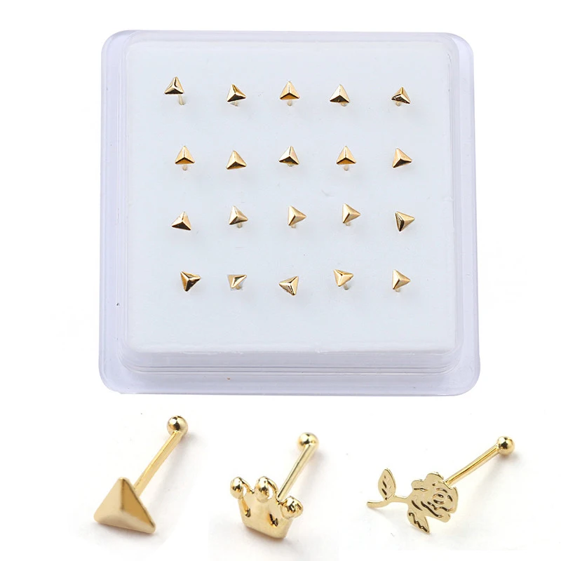 20pcs/box Gold Color Ball End Nose Studs Pin Triangle Crown Flower Shape Adjustable Bending Nose Piercing Ring for Women Girl