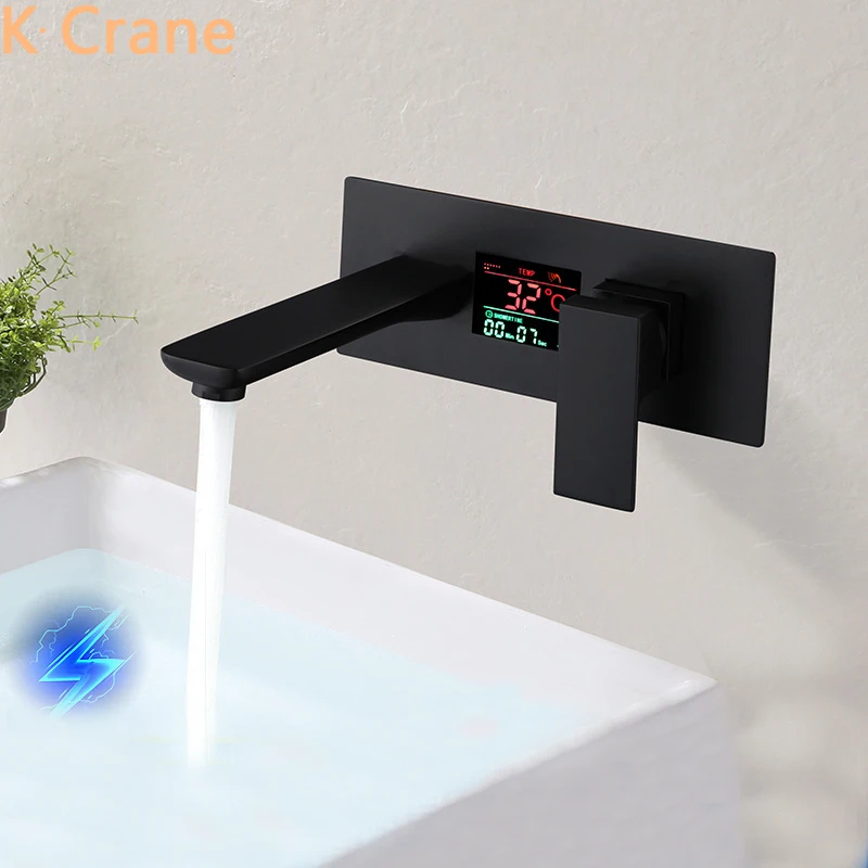 

Wall Mounted LED Faucet Bathroom Basin Sink Black Tap Hot and Cold Water Mixer Grifo Dual Hole Single Handle Modern Luxury Taps