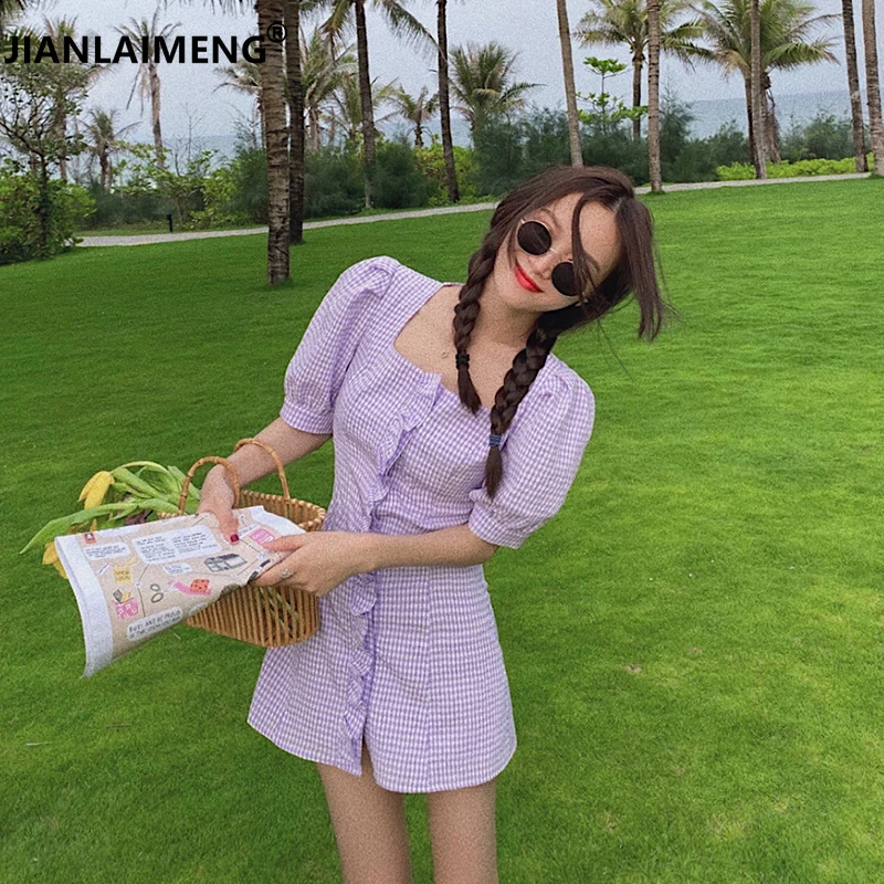 Purple Sexy Dress Summer High Waist Puff Sleeve Slim Shorts Sundress Gingham Print Casual Womens Elegant Dresses Mini Dresses