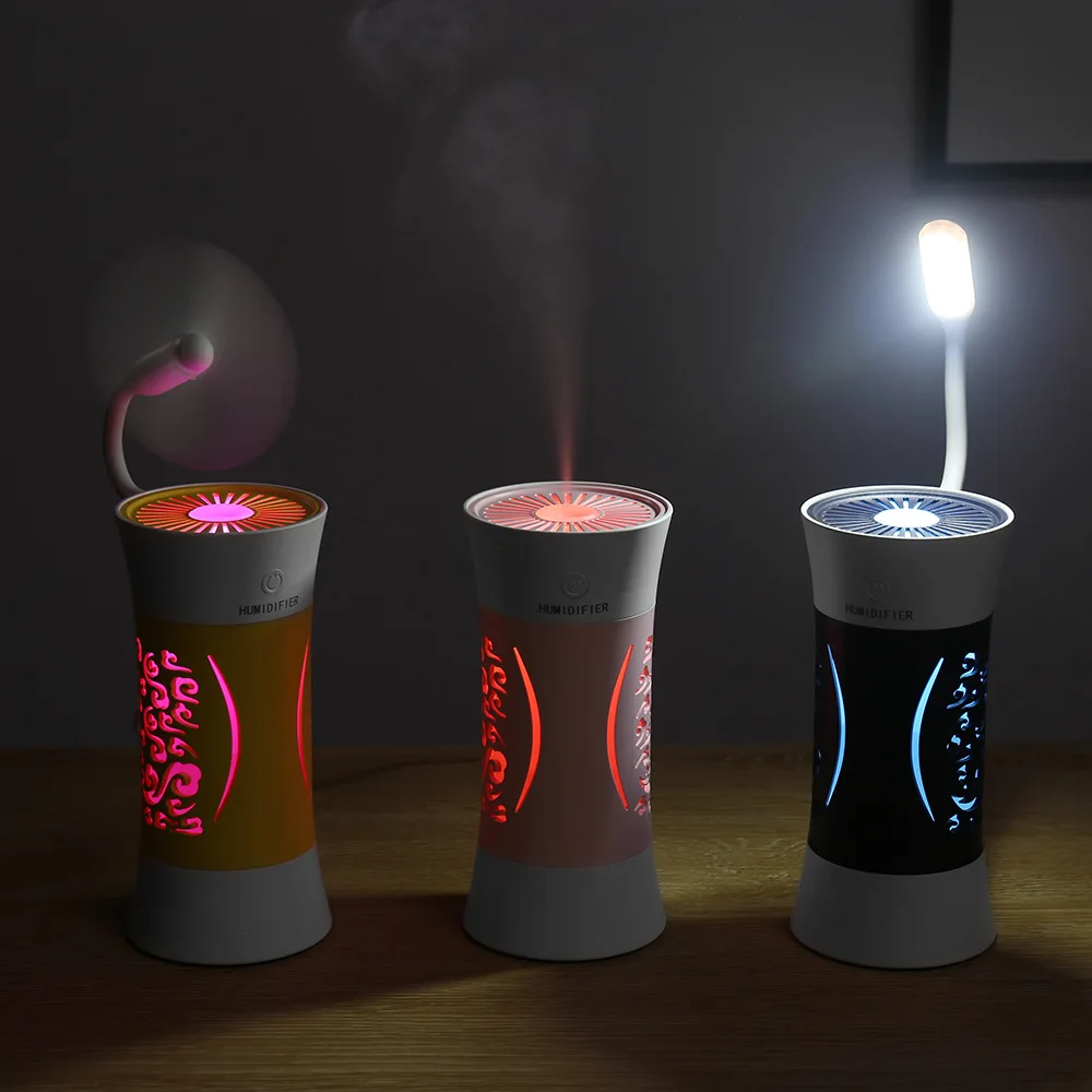 260ML หน้าแรกความชื้นอากาศ USB Ultrasonic Aroma Essential Oil Diffuser 3 In 1 Mini Humidificador พร้อมหลอดไฟ LED USB พัดลม Mist Maker