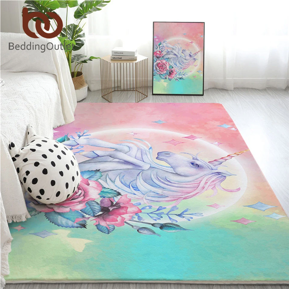 BeddingOutlet Unicorn Unicorn Bedroom Carpets Cartoon Area Rug for Living Room Floral Girly Floor Rug Play Mat 152x244 Dropship