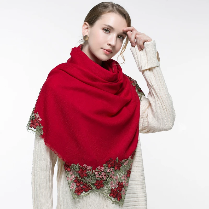 Winter 100% Wool Scarf For Women Red Flower Embroidery Cashmere Scarf Shawls Wraps Bufanda Soft Warm Pashmina Echarpe Femme