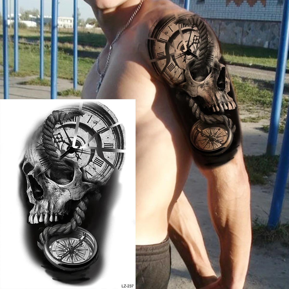 Tatouage temporaire pour hommes adultes, grand crâne noir, bras boussole, Lion, tigre, autocollant, transfert d'art corporel, squelette