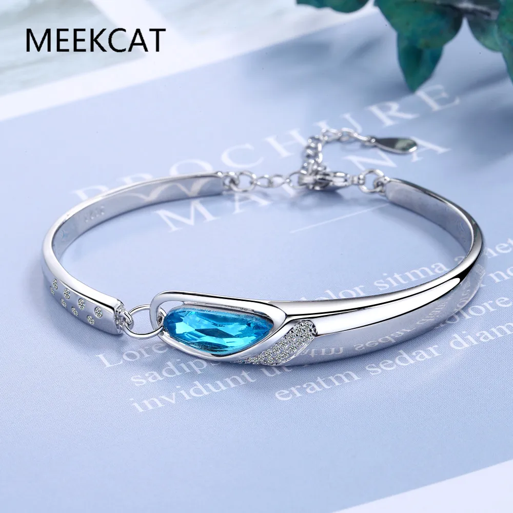 Genuine 925 Sterling Silver Sapphire Bracelets for Women Silver 925 Jewelry Pulseira Feminina Bizuteria Blue Topaz Girls