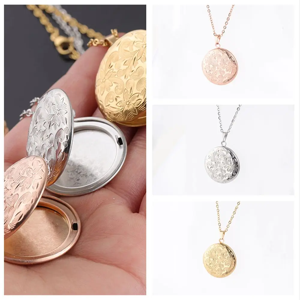 1PC Round Shape Photo Picture Locket Necklace Vintage Three-dimensional Carving Secret Message Locket Pendant Chain Jewelry Gift