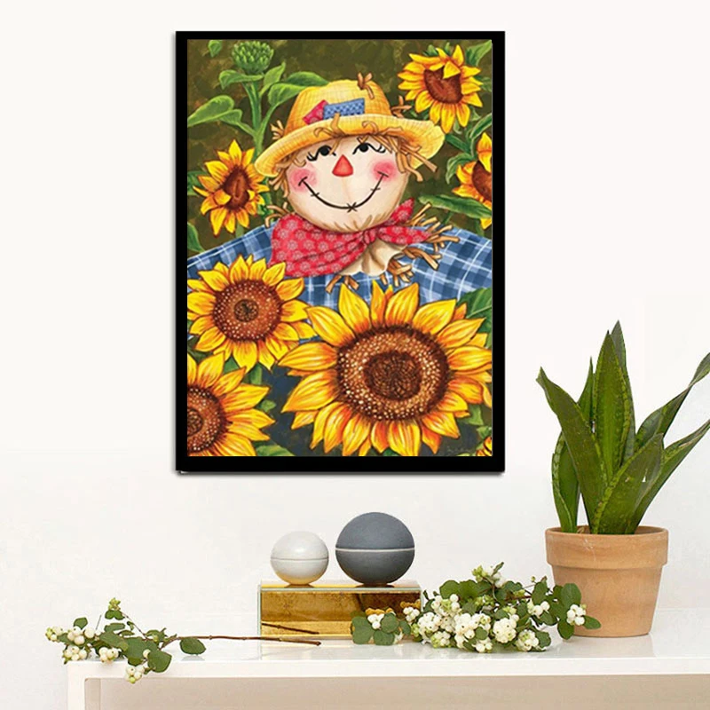 DIY Diamond embroidery Full Pebble Round Scarecrow & Sunflower Diamond Painting Cross Stitch Rhinestone Mosaic decoration