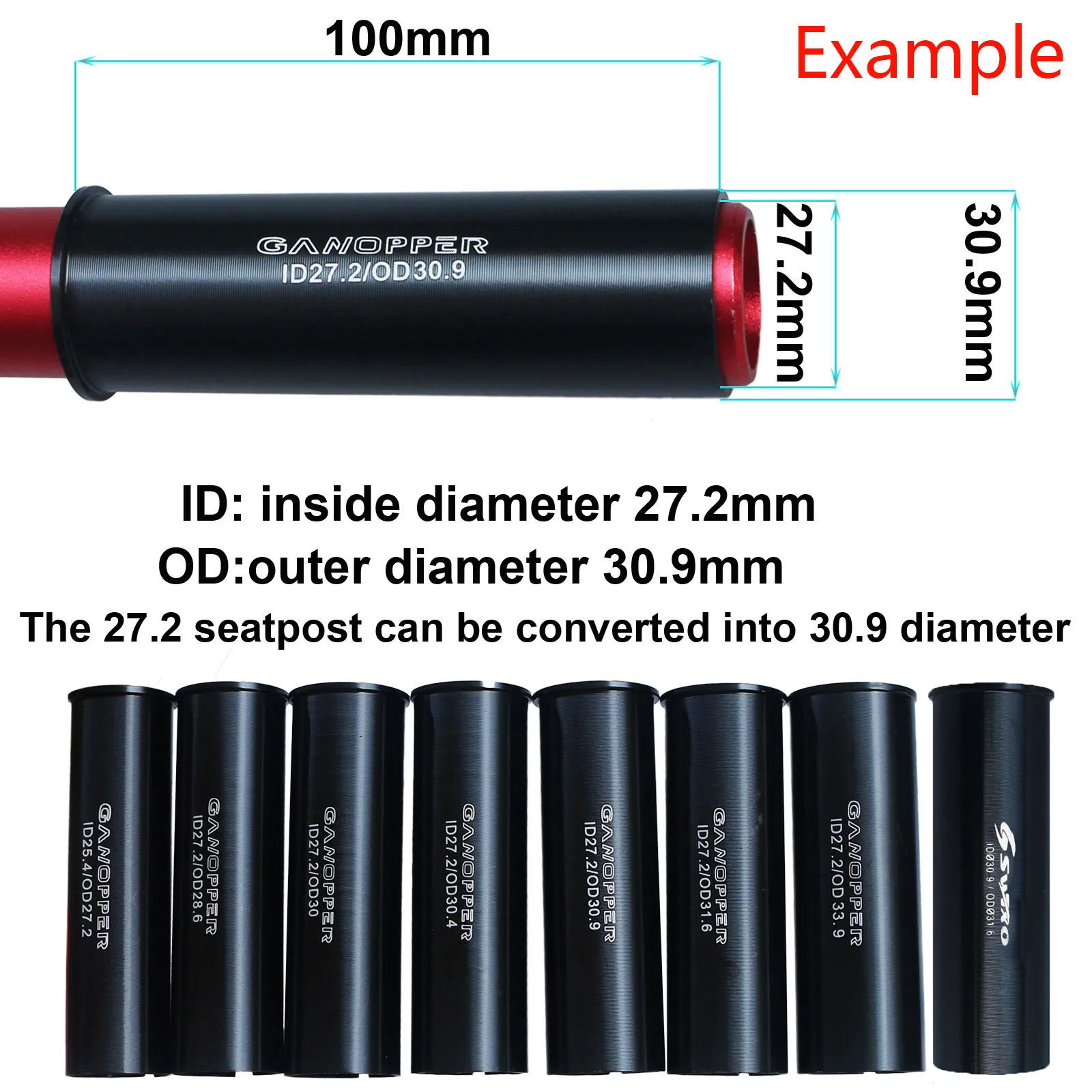 Bicicleta Seatpost Shim Redutor Luva, Bicicleta Assento Post Adapter Converter, 22.2, 25.4, 27.2, 28.6, 30, 30.4, 30.9, 31, 30.8, 31.6, 30.9, 31.6,