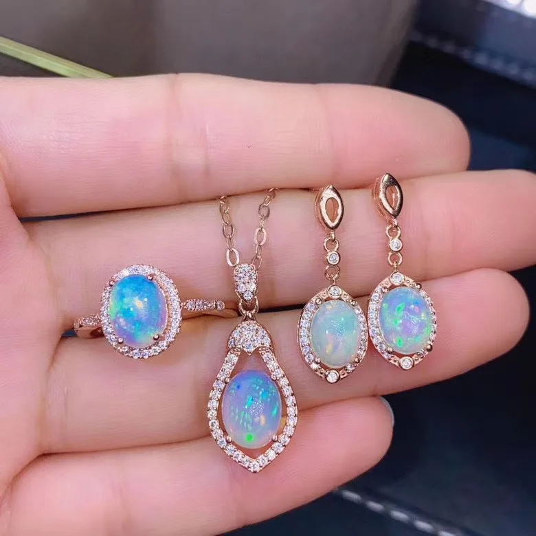 

Anniversary Best Gift Opal Set Natural Opal jewelry set Natural Real Opal 925 sterling silver 1pc pendant,1pc ring,2pcs Earring