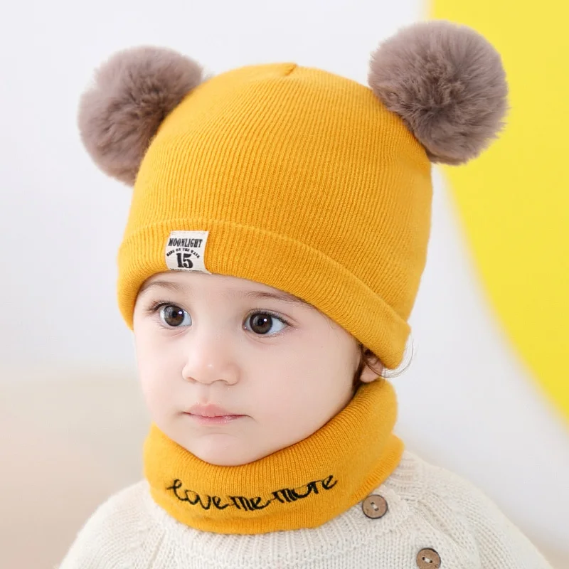 0-3 Years Old Baby Winter Beanie Hat and Scarf Set for Boys and Girls Cute Knitted Pom Pom Cap and Cozy Neck Warmer Warm Soft