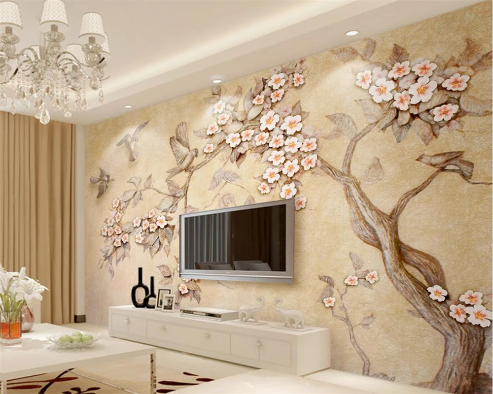 

Custom wallpaper 3d embossed color carving flowers branches birds TV background wall living room bedroom hotel papel de parede