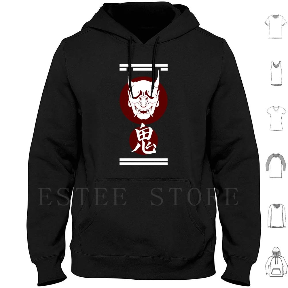 Oni Hoodies Long Sleeve Oni Demon Japanese Face White Red Dark Grey Grin Smiling Head Nippon Feudal Horn Teeth