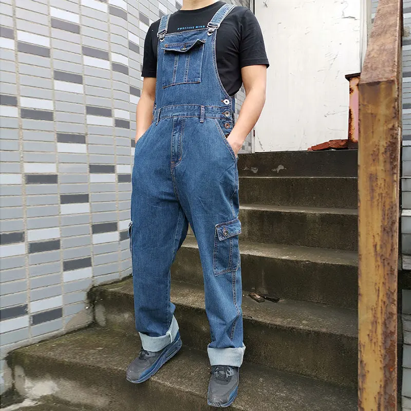 Loose Jeans Men Overalls Bib Denim Jumpsuits Huge Straight Workwear Multi Pocket Wide Leg Cargo Pants Blue Trousers Size 28-50