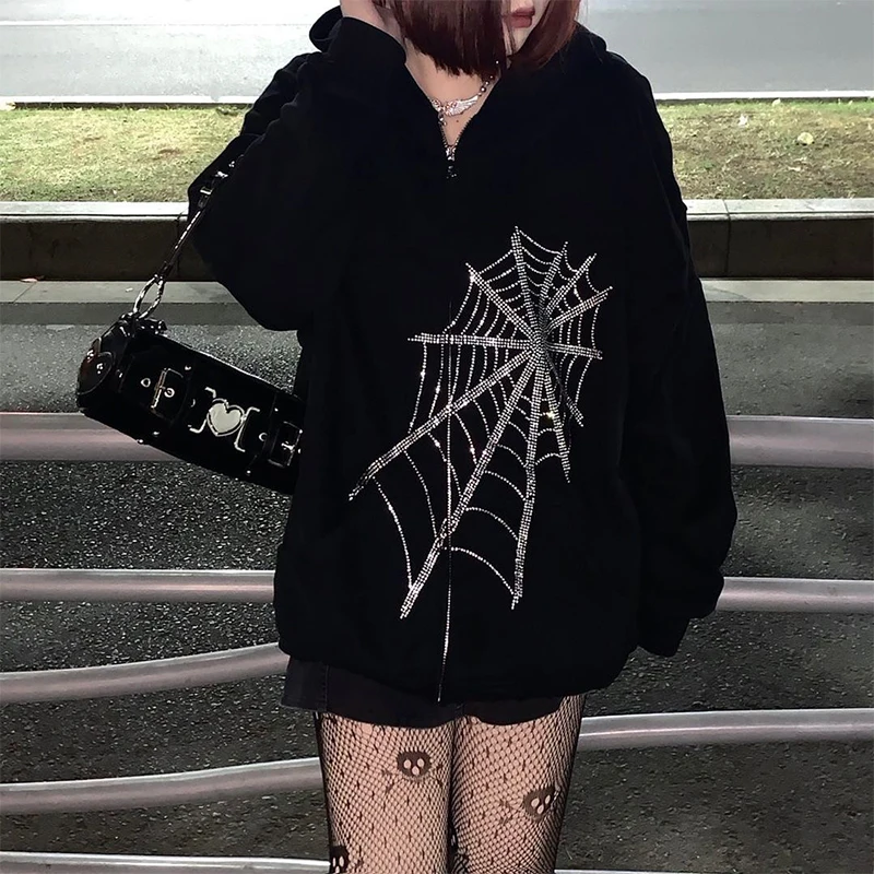 E-harajuku Gothic Y2k Hoodie For Women Rhinestone Jacket Women Grunge Style Hot Sexy Red Hoodie Zip Up Oversized Skeleton Hoodie