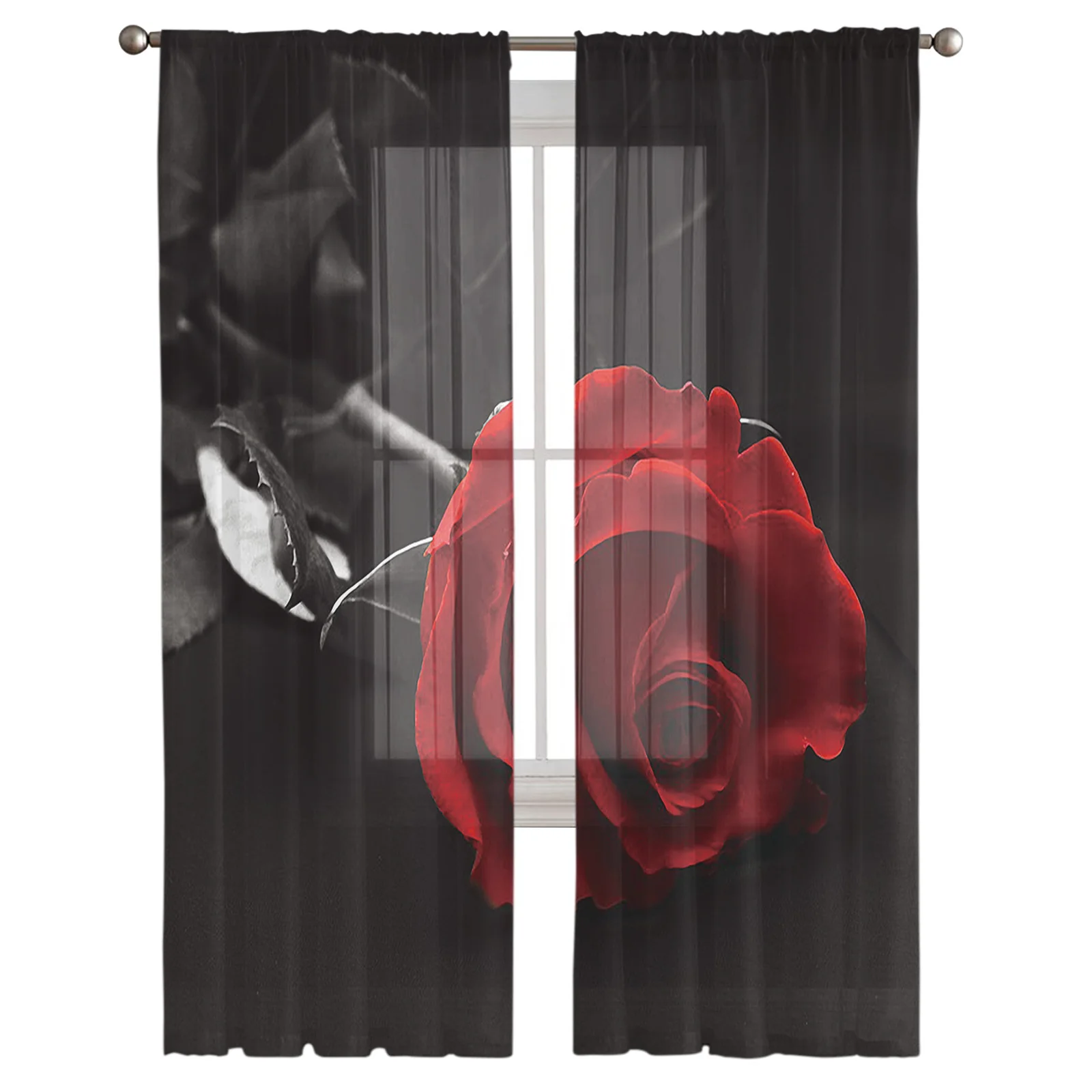 Red Rose Flower Black Modern Curtains For Living Room Transparent Tulle Curtains Window Sheer For The Bedroom Accessories Decor