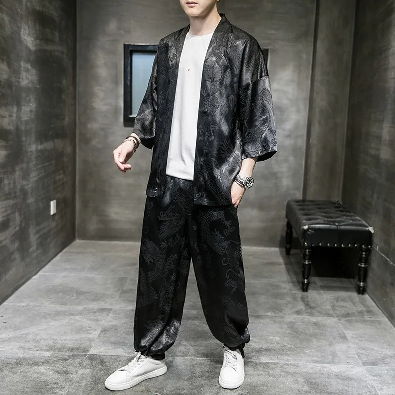 Men Satin Cardigan&Pants Dragon Print Two Piece Suit Casual Outerwear Male Japanese Kimono Jacket Pants Loose Streetwear M-5XL