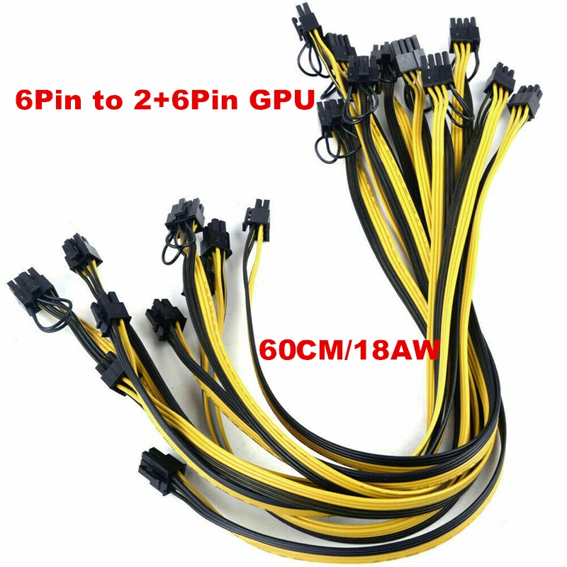 

50/60CM 18AWG GPU PCIE PCI-Express 6Pin Male to 8Pin (6+2) Male Graphics Video Card Power Cable for BTC Ethereum Miners Mining