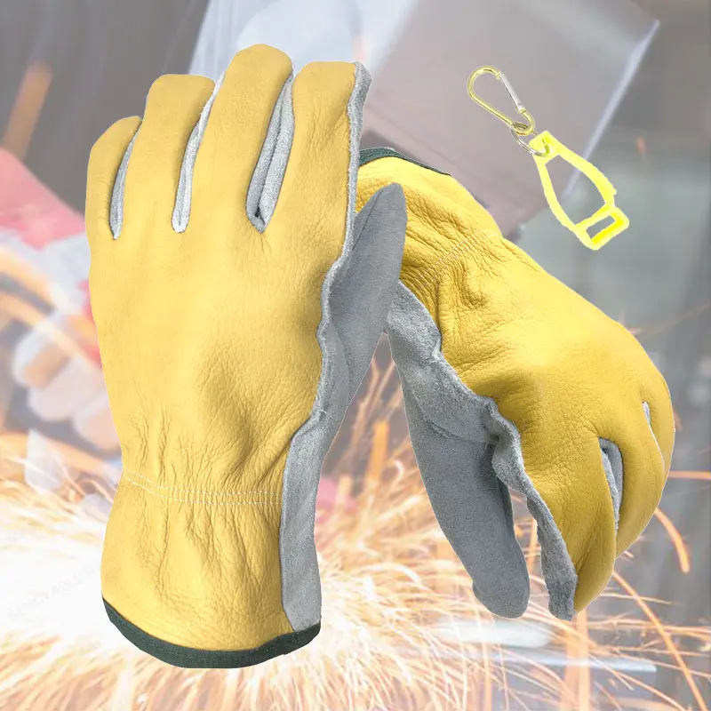 NMSafety Fire Insulation Cowhide Work Yard  Anti-Cutting Construction Leather Welding Gloves with Clip