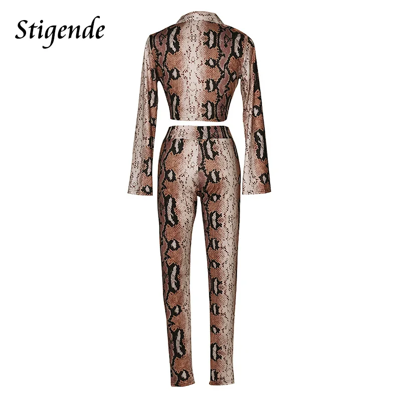 Stigende Sexy Two Piece Set Women Crop Top and Pants Party Clubwear Long Sleeve Snake Print 2 Piece Set