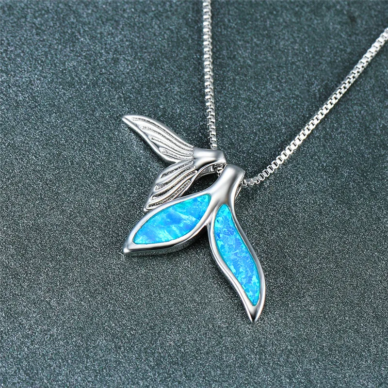 Exquisite Silver Color Mermaid Tail Chain Wedding Necklace for Women Jewelry Fashion Imitation Blue Fire Opal Pendant Necklace image 2