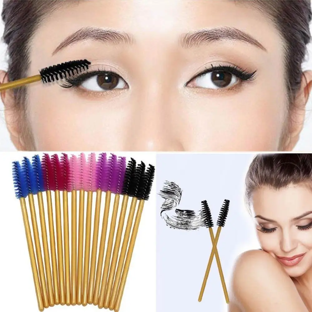 50Pcs/Pack Disposable Micro Eyelash Brushes Mascara Applicator Wand Brushes Comb Eye Lashes Brush Makeup Tools Gold Handle