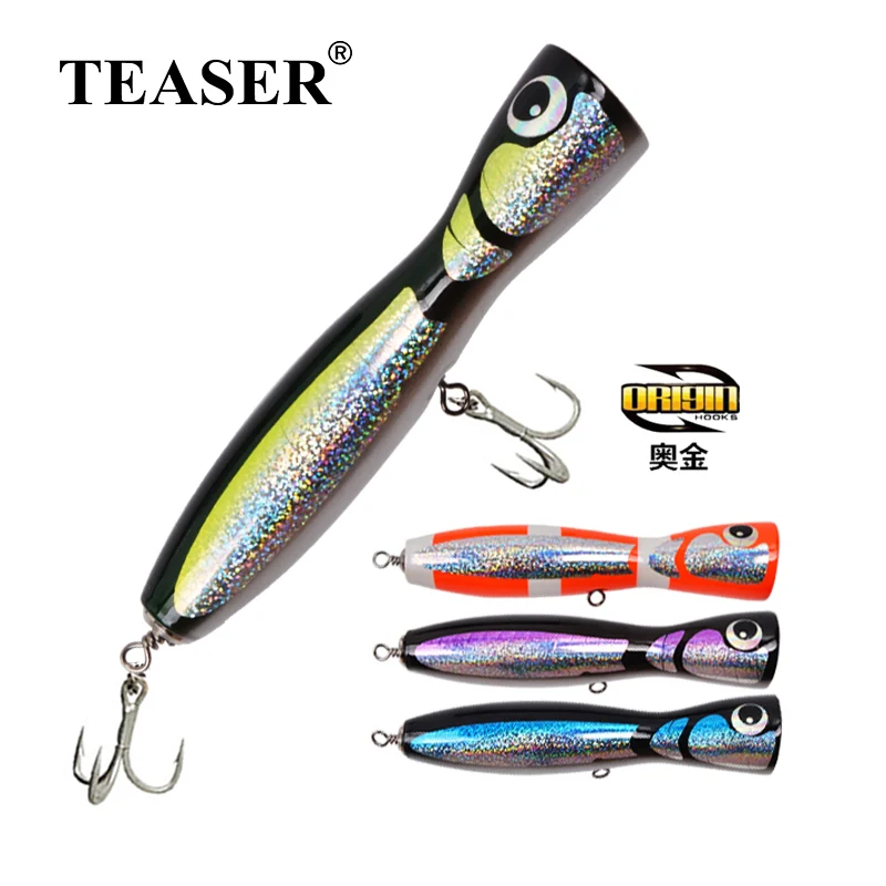 TEASER WOOD117 120g Popper Tuna Wood Trolling Bait Boat Fishing Lure Origin Treble Hooks Saltwater Topwater Artificial SwimBait