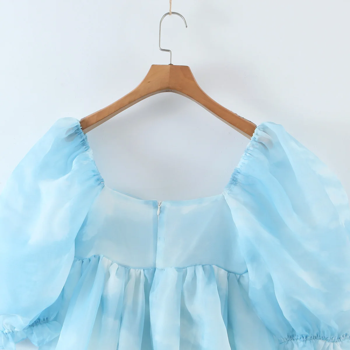 2022 Summer Blue Color Cloud Tie dye Organza Ball Gown Dress Puff Sleeve Retro Women Swing Short Dresses Fairy Cake Vestidos