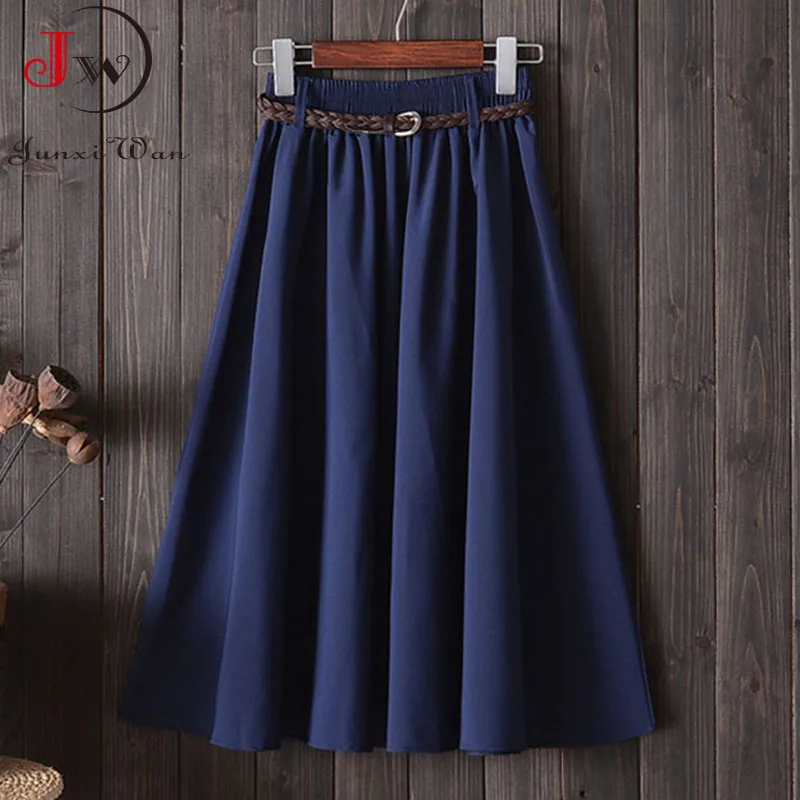 Women Preppy Style Summer Skirt Casual A-line Solid With Belt Mid-length Fashion Elegant Chic Girls Midi Skirts Saias