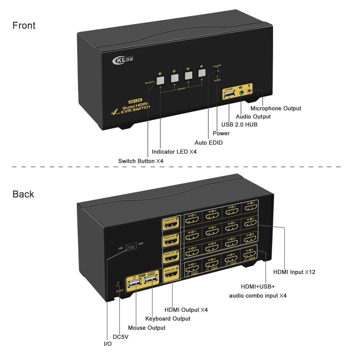 Switch HDMI KVM com Áudio e USB 2.0, 4 Portas, Display Estendido, 4K @ 60Hz, 4:4:4