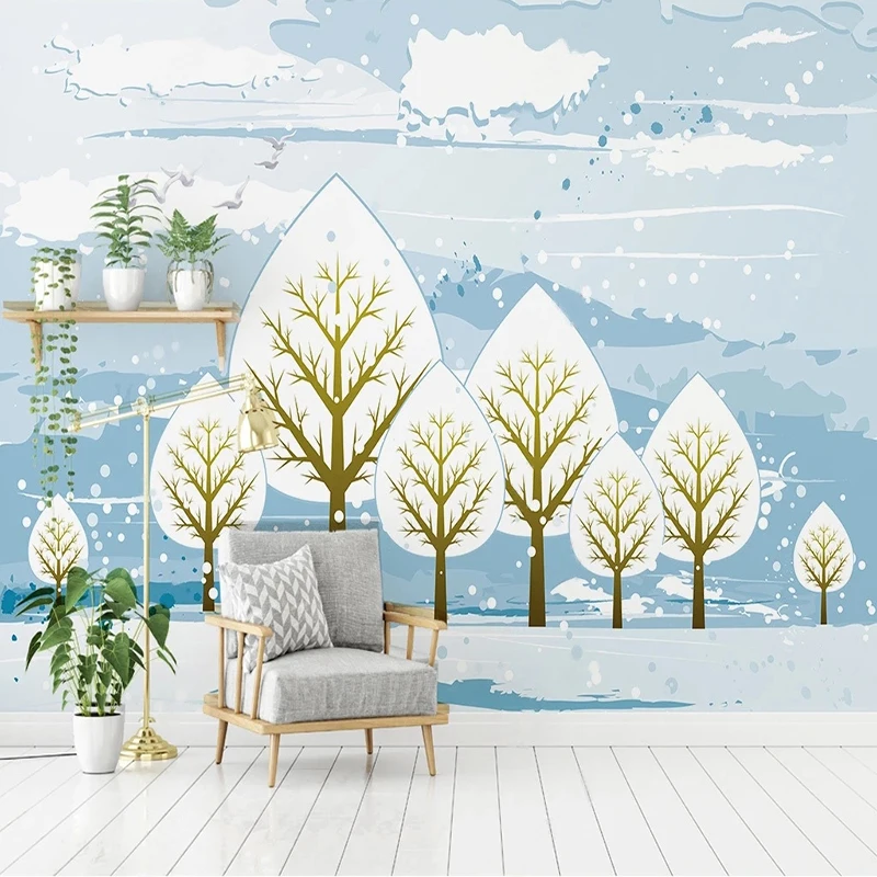 Modern Cartoon Abstract Leaves Snow Scene Mural Wallpaper Living Room Children's Bedroom Wall Cloth Home Decor Papel De Parede