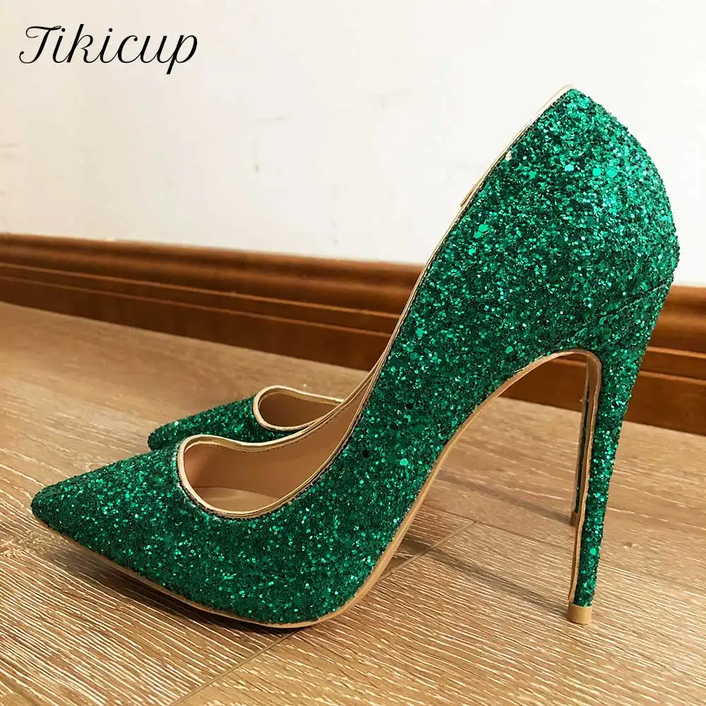 Tikicup Green Women Glitter Sexy Pointed Toe Stilletto Pumps Ladies Sparkly Party High Heels Shiny Wedding Shoes 8cm 10cm 12cm