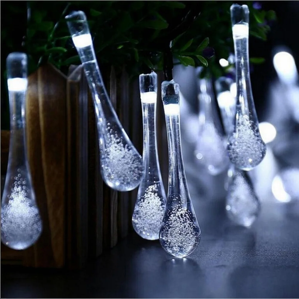 Luzes de Cordão LED em Forma de Gota de Cristal, Alimentadas por Bateria Solar e USB, Poderosas, à Prova d'Água, para Decoração de Jardim, Gramado e Iluminação de Rua