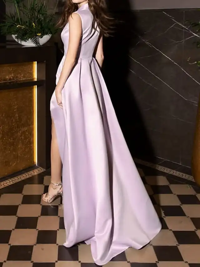 Elegante Lila Avond Formele Kleding V-Kraag Mouwloze Split Satin Prom Party Gown Celebrity Vestidos Fiesta Robe De Soiree