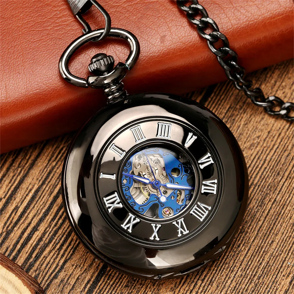 Smooth Black Mechanical Hand Winding Pocket Watch Half Hunter White Roman Numerals Cover Manual Mechanism Pendant Pocket Clock