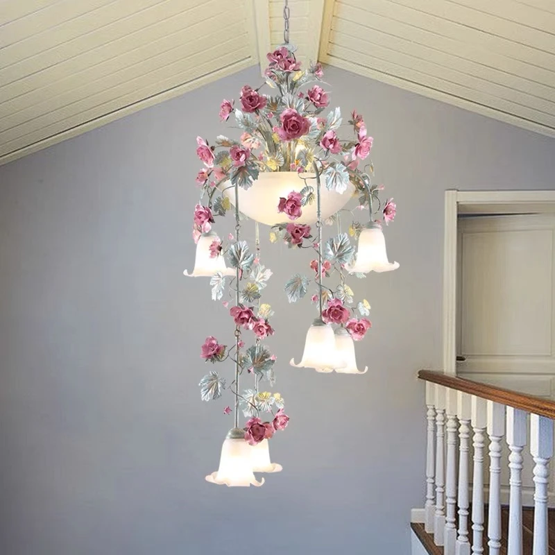 

Rose Flower Chandelier Lighting Lustre Originality Hotel Cafe Art Deco Floral Chandelier Stairs Lamp Hanglamp LED Pendant Light