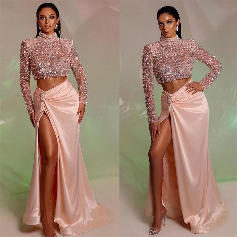 2 Pieces Pink Pearls Evening Dress Sequins High Neck Party Dresses Side Split Long Sleeves Celebrity Custom Made Prom Gowns