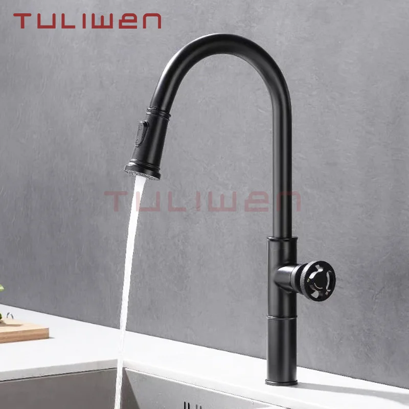 Pull Out Kitchen Sink Faucets Totally Solid Brass Mixer Taps Sink Tap Black Industrial Style Torneira De Cozinha