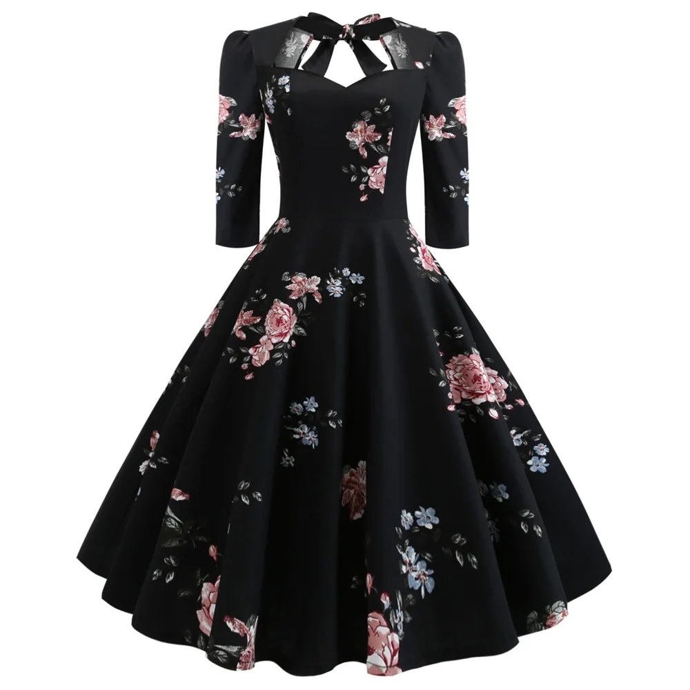 Floral Print Back Tie Pin Up Dress 2025 Spring Ladies Elegant Party Dress A Line Cotton Vintage Retro Swing Dress Women Clothes