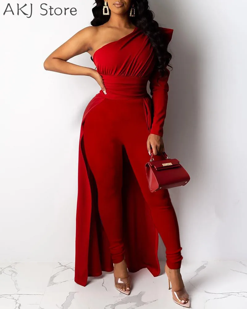 Women Elegant One Shoulder Dip Hem Jumpsuit