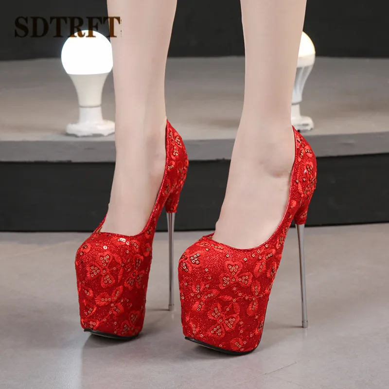 Crossdresser Red 19cm Ultra High Metal Thin Heels Cosplay Lace Bling Pumps wedding shoes Woman Steel Pipe Dance Stilettos