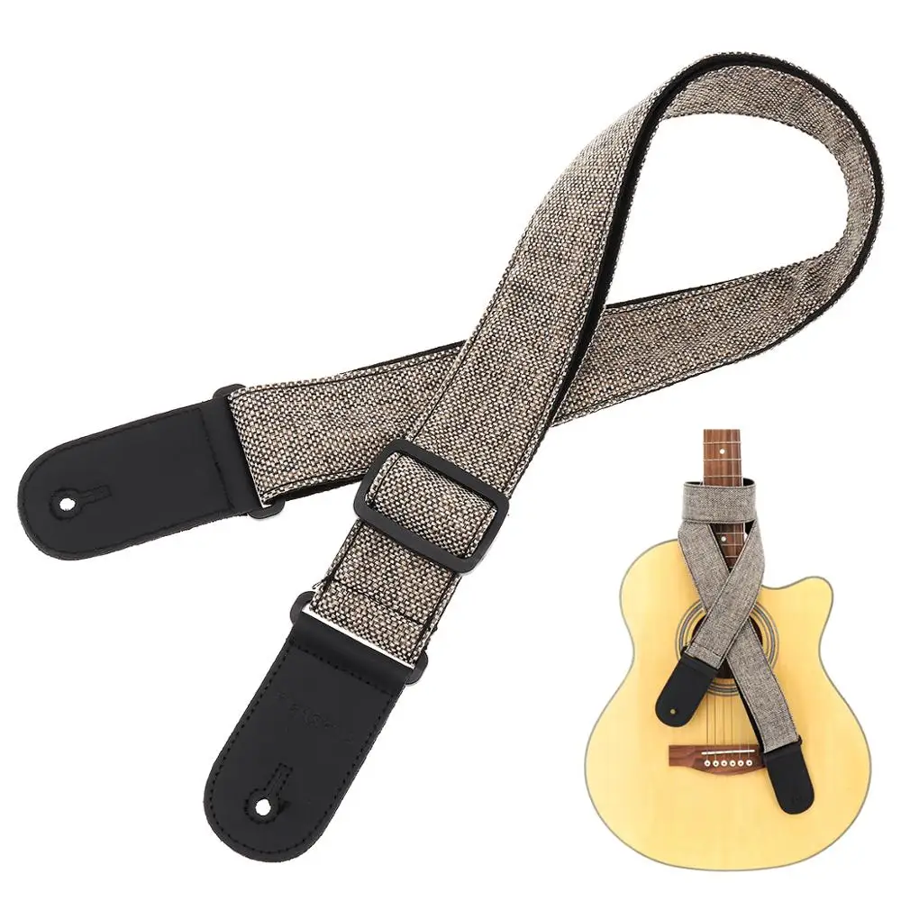 PU Leather Head Cotton & Linen Guitar Strap Double Fabric with Plectrum Pocket for Acoustic Electric Bass Guitar