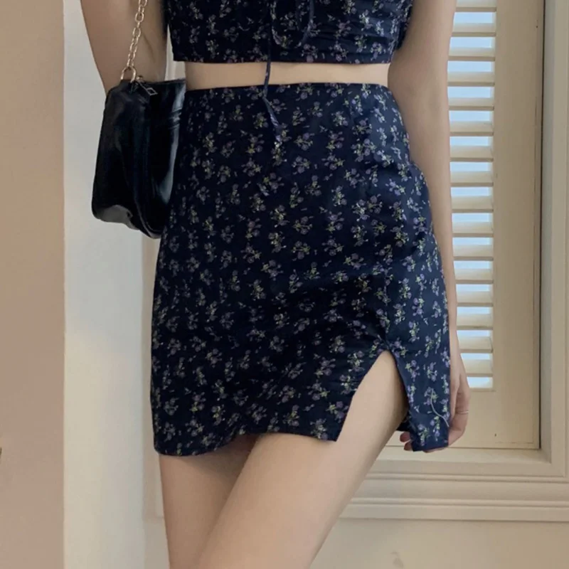 KPOP Dress Sets Sweet Shorts Broken Flower Skirts Exposed Navel Two Piece Set Women Split Skirt 2022 New Puff Sleeve 2 Piece Set