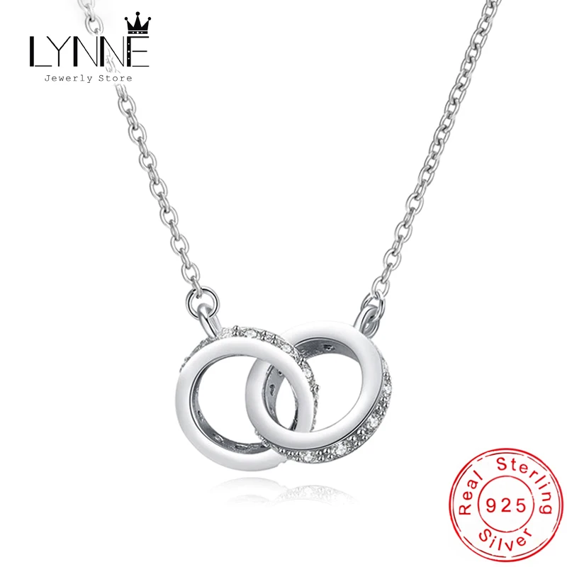 Nowa moda 925 Sterling Silver Double Round Pendant Neckalce Rose Gold Rhinestone Double Circle Naszyjnik dla kobiet Biżuteria Prezent