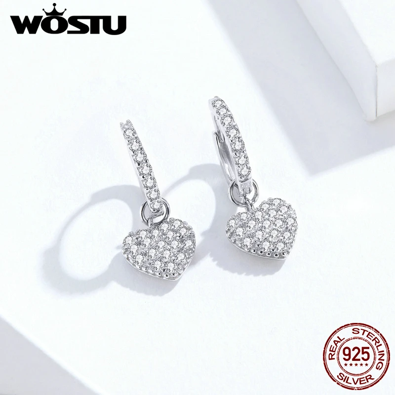 WOSTU Genuine 925 Sterling Silver Dazzling Heart Drop Earrings Brilliant Zirconia Dangles Earrings For Women 925 Jewelry FIE821