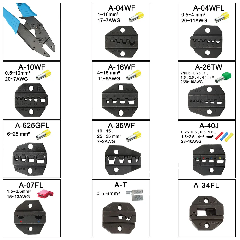 

A35WF A625GFL A40J A26TW A07FL AT Die Sets for HS FSE AM-10 EM-6B1 EM-6B2 CRIMPING PILER Crimping machine modules one set jaws