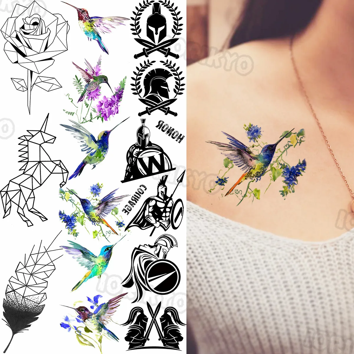 Vibrant Color Hummingbird Temporary Tattoos For Women Men Realistic Unicorn Spartan Sword Fake Tattoo Sticker Neck Body Tatoos