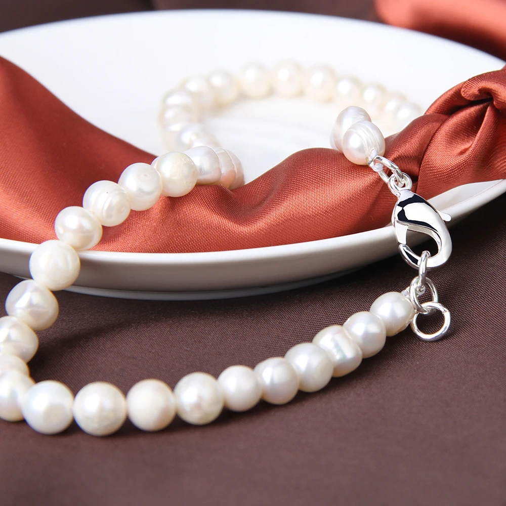 DOTEFFIL 8mm Artificial Pearl White/Pink/Purple 925 Sterling Silver 16-20 Inch Chain Necklace Woman Engagement Wedding Jewelry