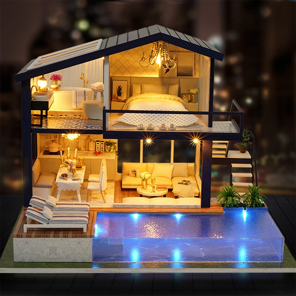 Miniature Dollhouse with Realistic Furniture Plus LED Light & Battery Case Wooden Swim Pool Villa House Puzzles for Kids Adults